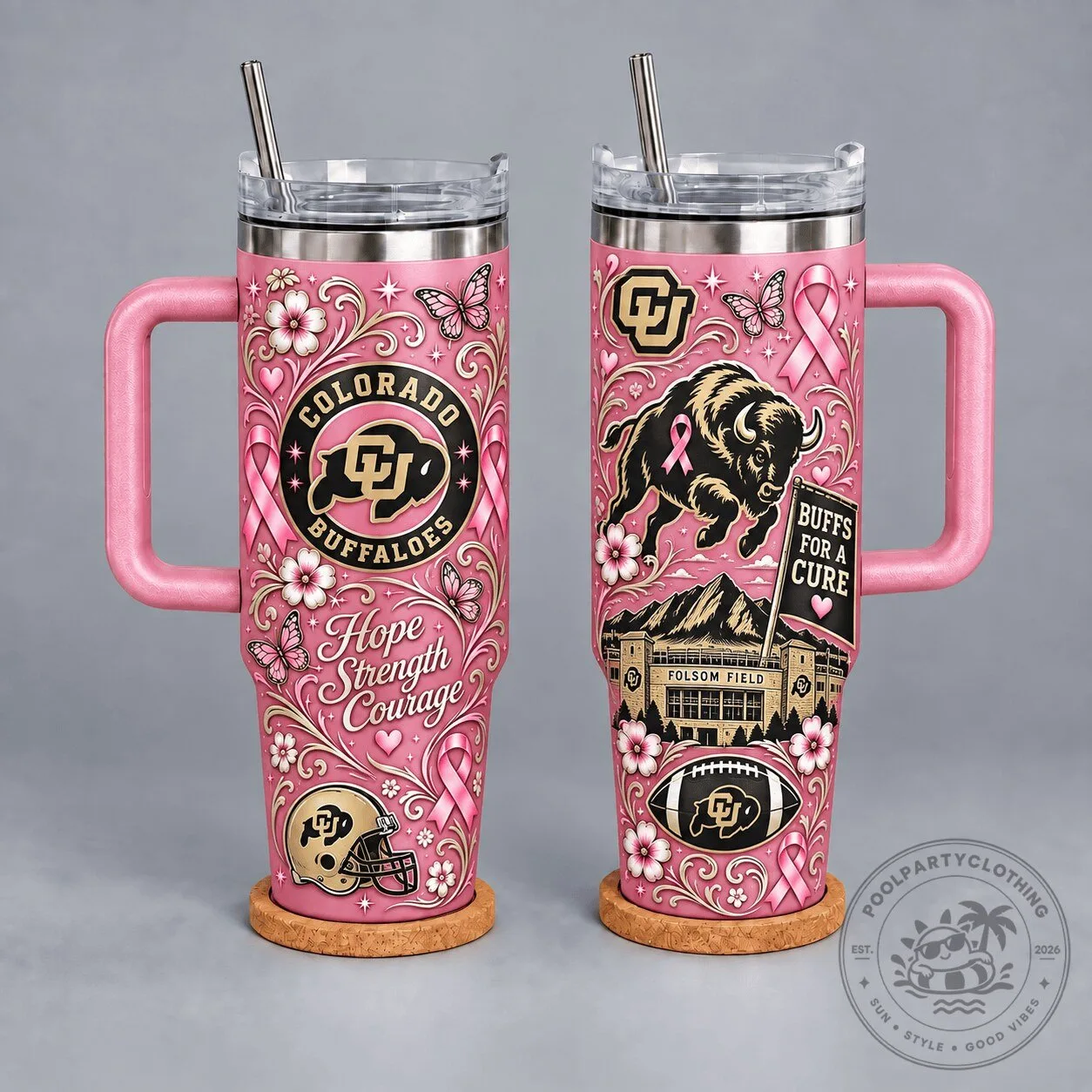 Colorado Buffaloes Breast Cancer Awareness Hope Strength Courage Tumbler
