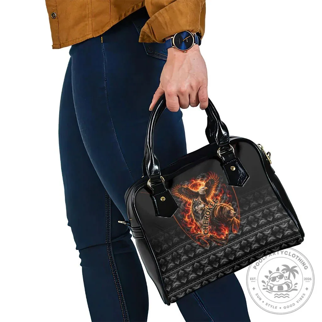 Cherokee Spirit Animals Shoulder Handbag with Fiery Tribal Art and Geometric Patterns 12 Cherokee Spirit Animals Shoulder Handbag with Fiery Tribal Art and Geometric Patterns