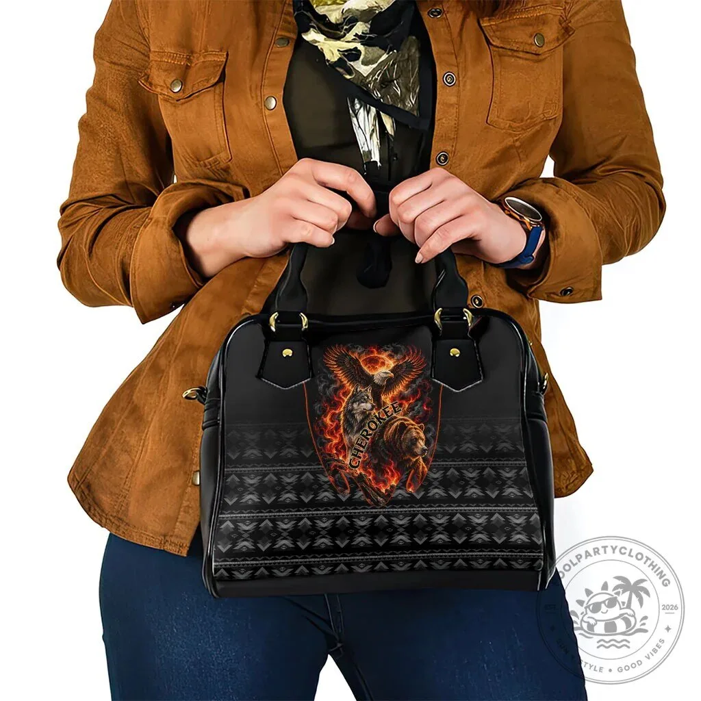 Cherokee Spirit Animals Shoulder Handbag with Fiery Tribal Art and Geometric Patterns 13 Cherokee Spirit Animals Shoulder Handbag with Fiery Tribal Art and Geometric Patterns