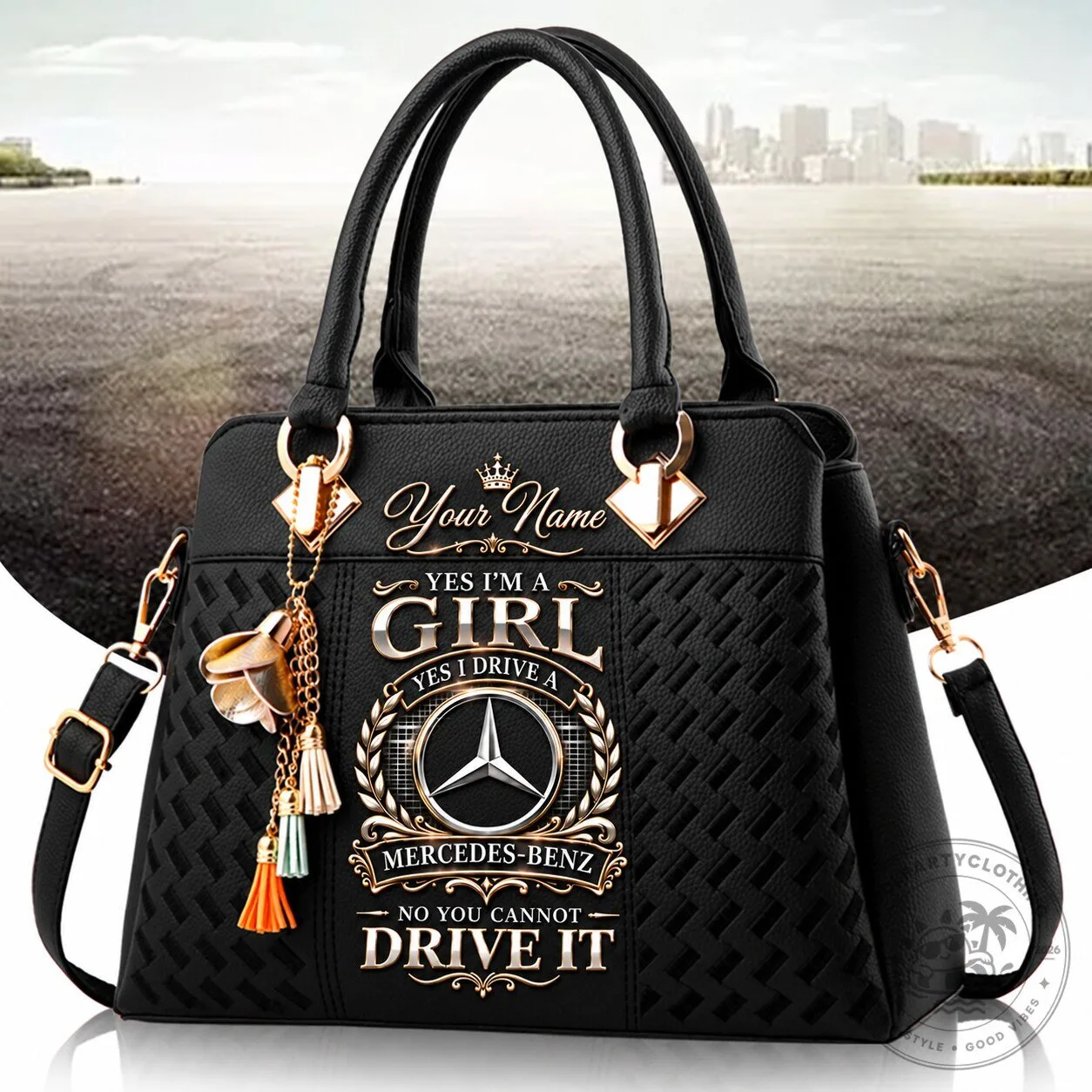 Mercedes-Benz Girl Custom Name Black Leather Handbag for Women