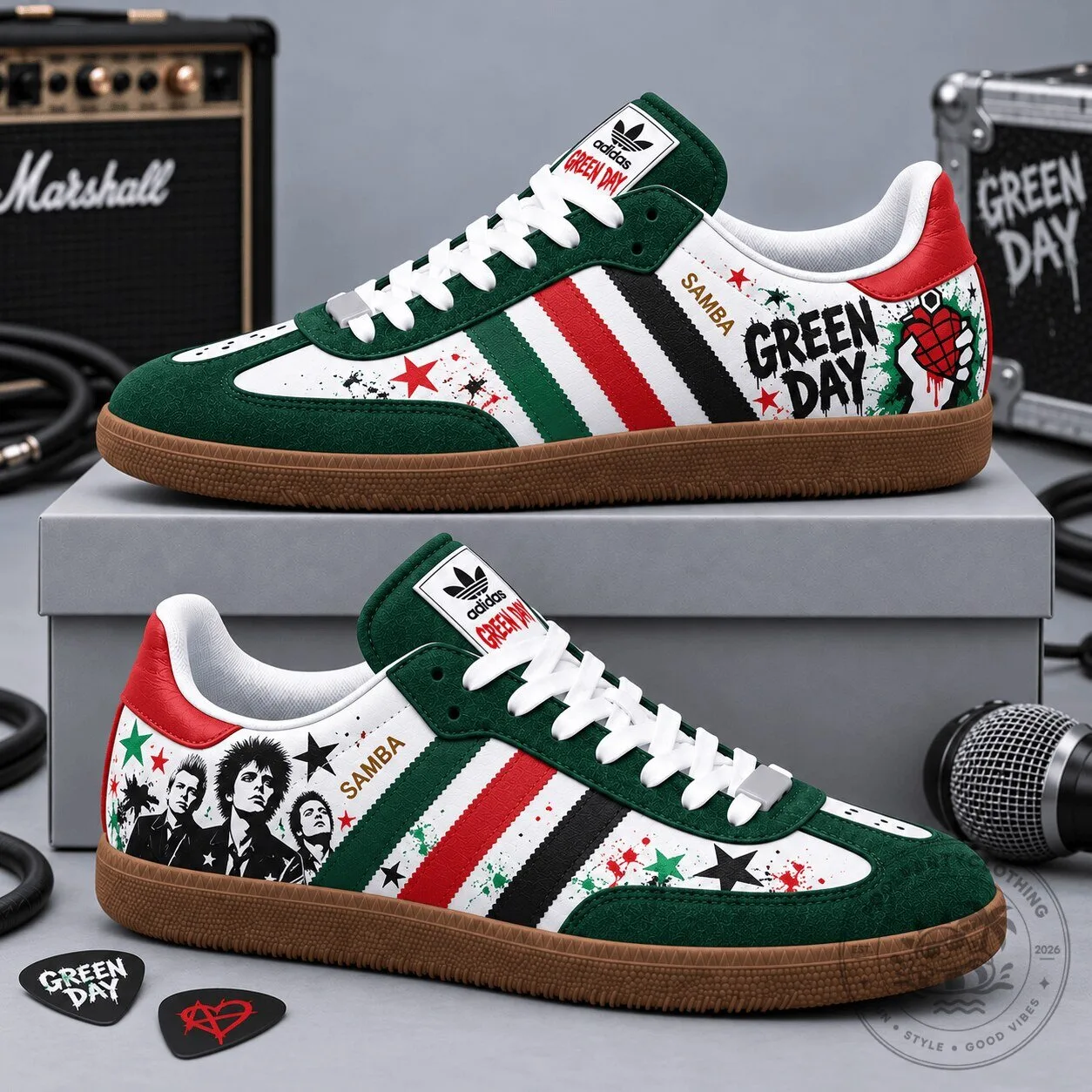 Green Day Rock Band Red and Green Stripes Adidas Samba OG Graphic Shoes
