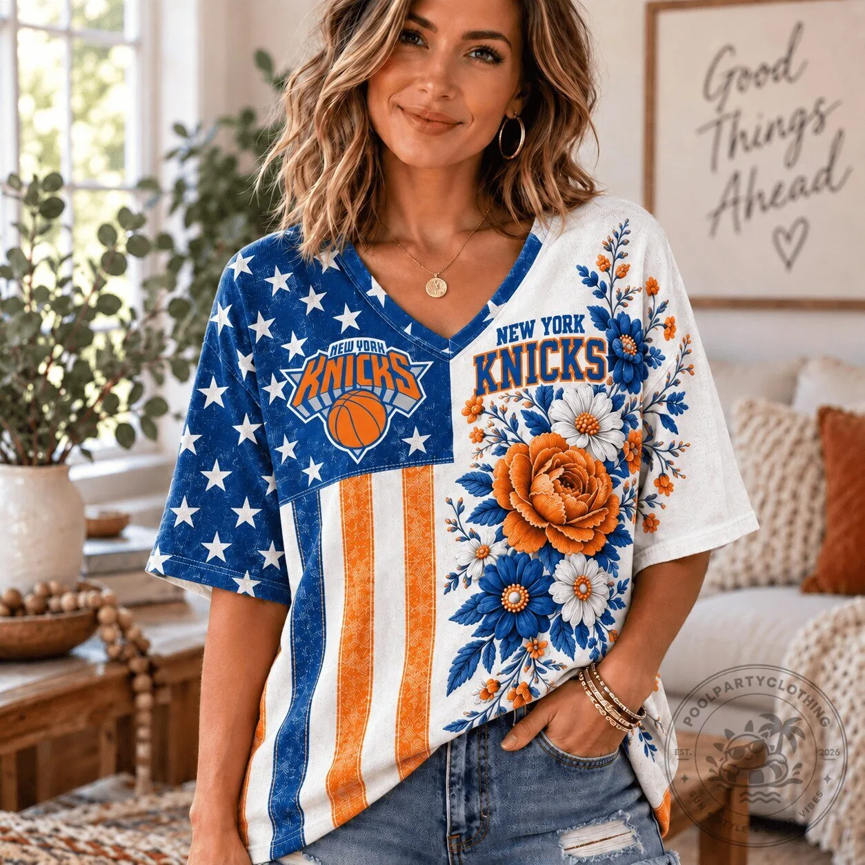 New York Knicks NBA Fan Shirt for Women, Floral American Flag V-Neck T-Shirt