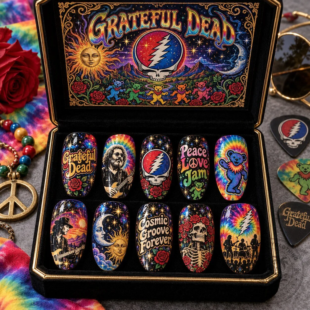 Grateful Dead Dancing Bears and Lightning Skull Press-On Nail Set 2 Grateful Dead Dancing Bears and Lightning Skull Press-On Nail Set