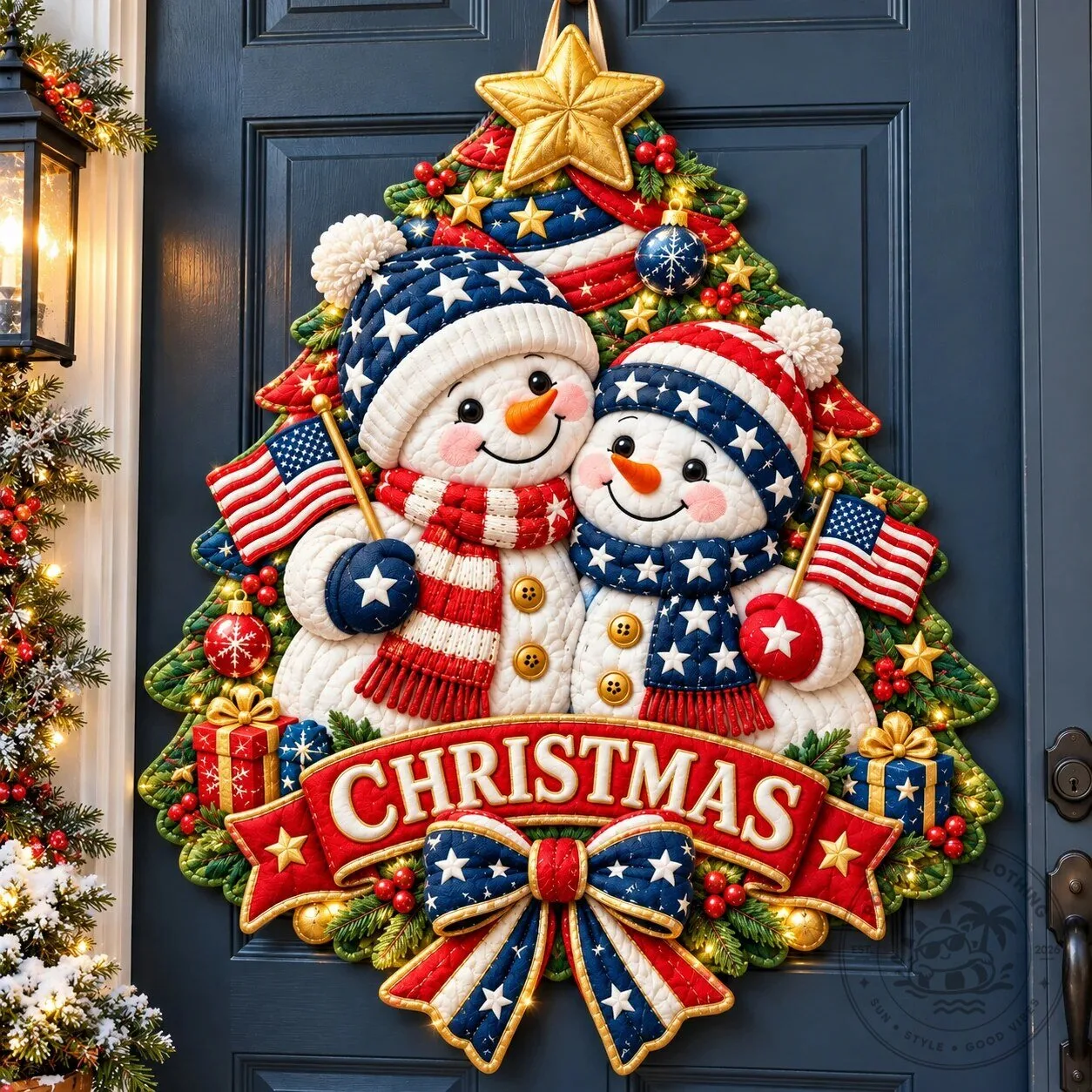 Patriotic Snowman Christmas Tree Quilted Door Hanger Holiday Decoration