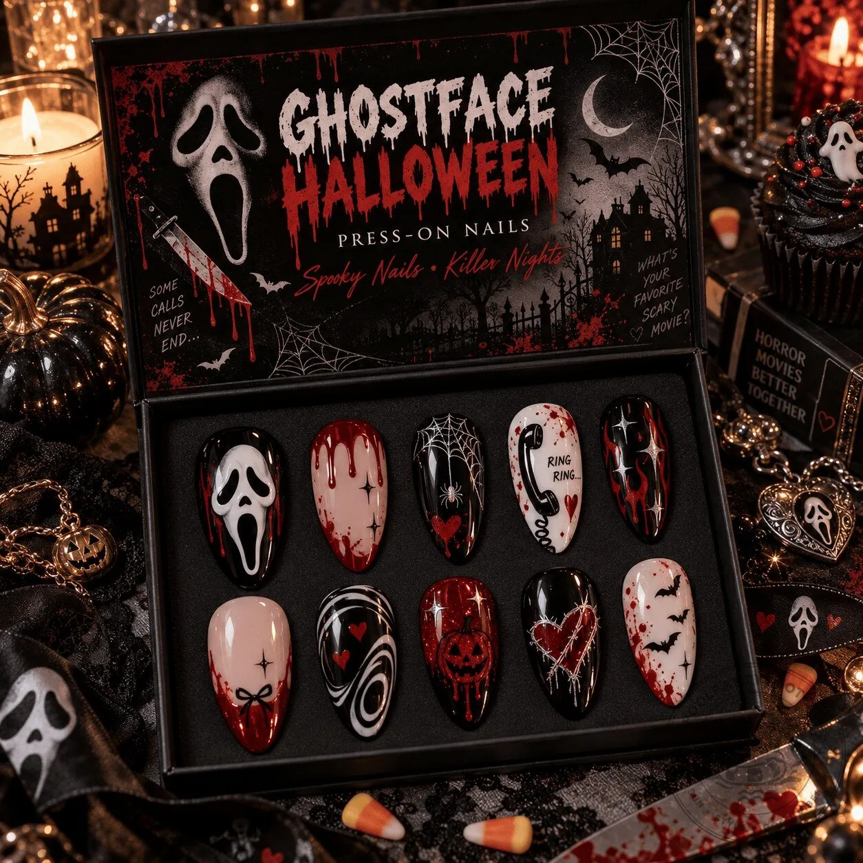 Ghostface Halloween Scream Mask Spooky Killer Nights Press-On Nails Set