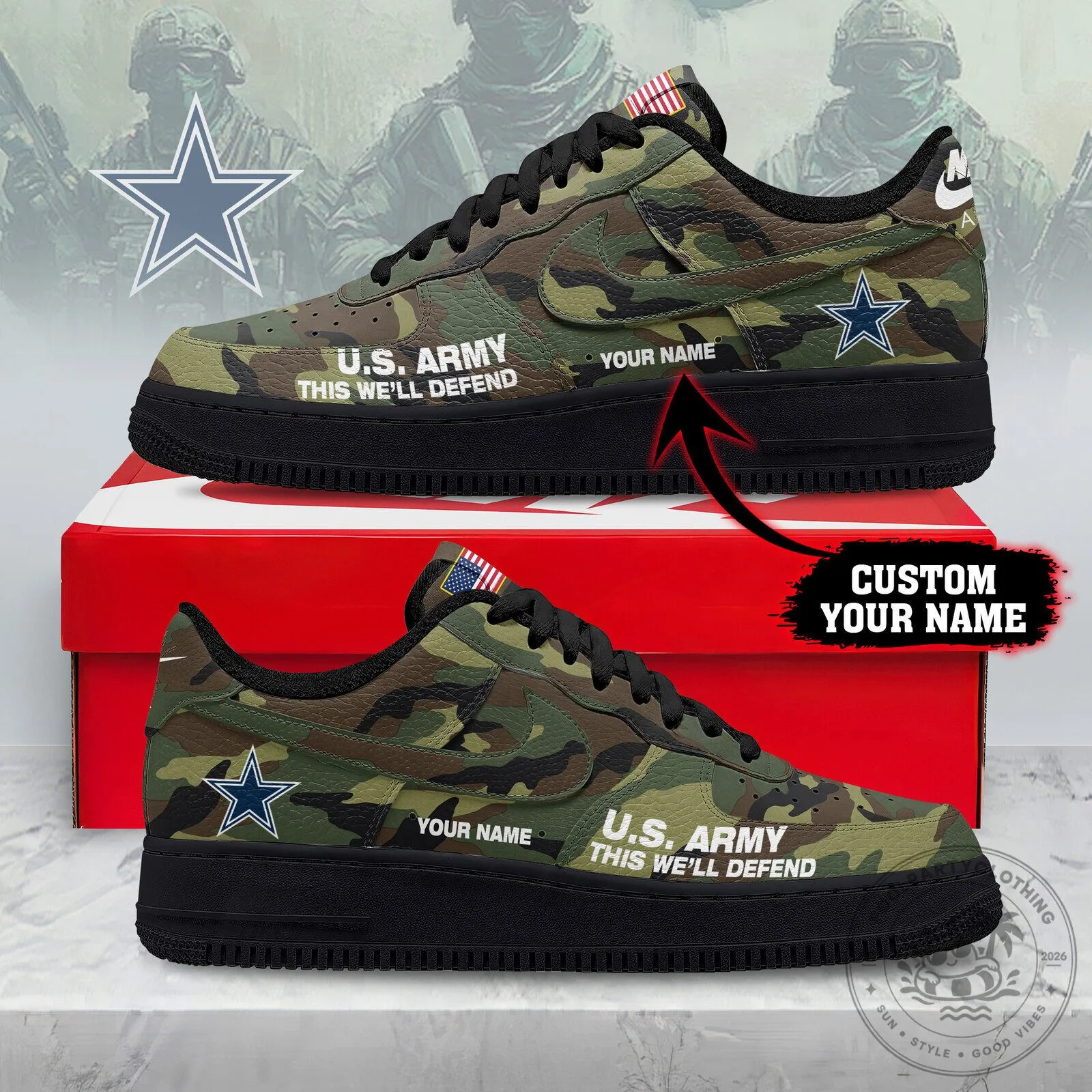 Dallas Cowboys United States Army Camouflage Custom Name Fan Shoes