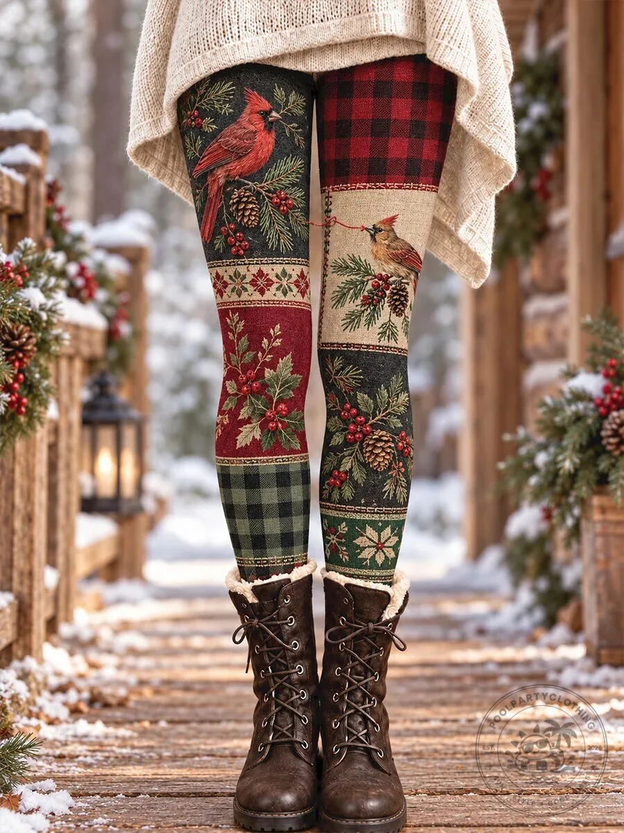 Winter Cardinal Bird Christmas Plaid Holiday Pattern Women's Leggings