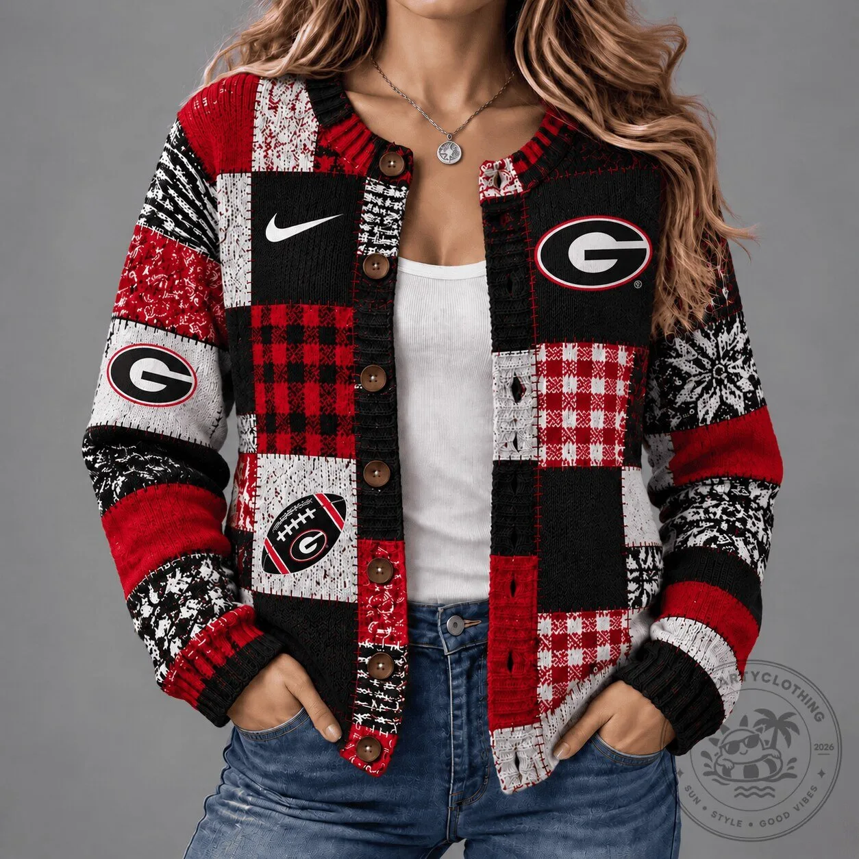 Georgia Bulldogs NCAA Vintage Patchwork Button-Up Cardigan for Women