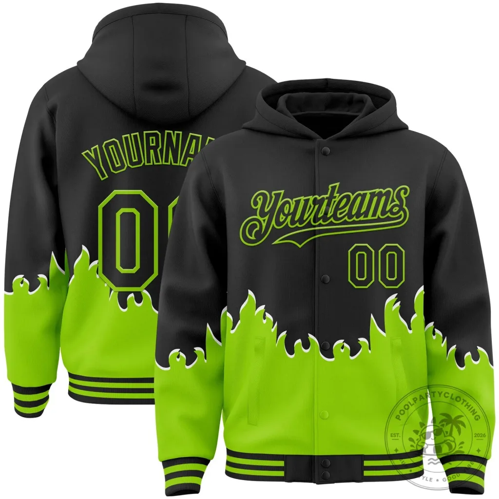 Custom Black Neon Green Fire Flame Bomber Full-Snap Varsity Letterman Jacket Custom Black Neon Green Fire Flame Bomber Full-Snap Varsity Letterman Jacket