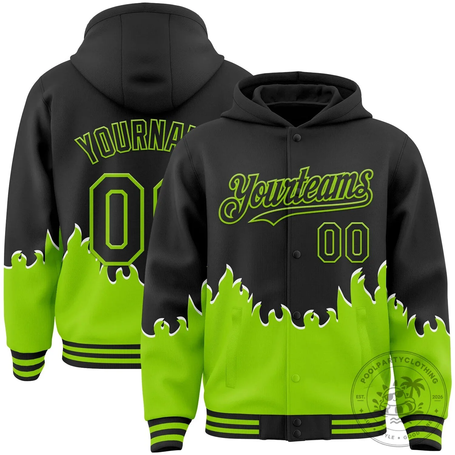 Custom Black Neon Green Fire Flame Bomber Full-Snap Varsity Letterman Jacket