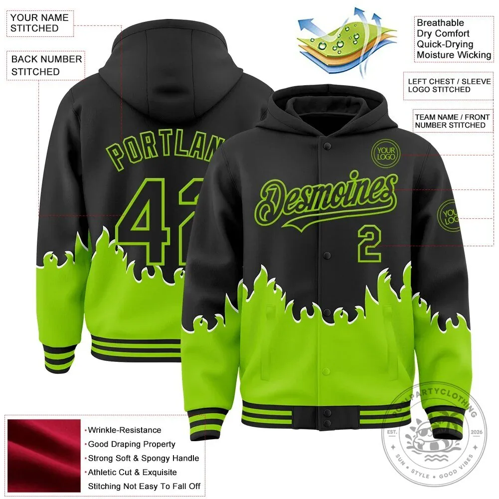 Custom Black Neon Green Fire Flame Bomber Full-Snap Varsity Letterman Jacket 13 Custom Black Neon Green Fire Flame Bomber Full-Snap Varsity Letterman Jacket
