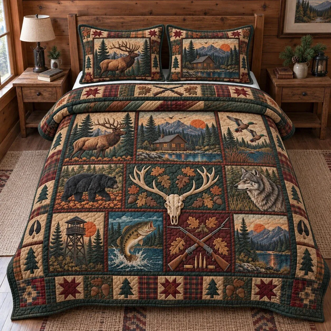 Rustic Woodland Wildlife Deer Bear Wolf Fish Hunting Lodge Quilted Bedding Set