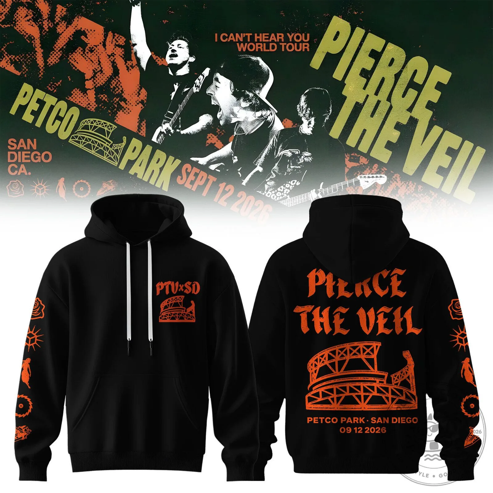 Pierce The Veil I Can't Hear You World Tour Petco Park Black Hoodie