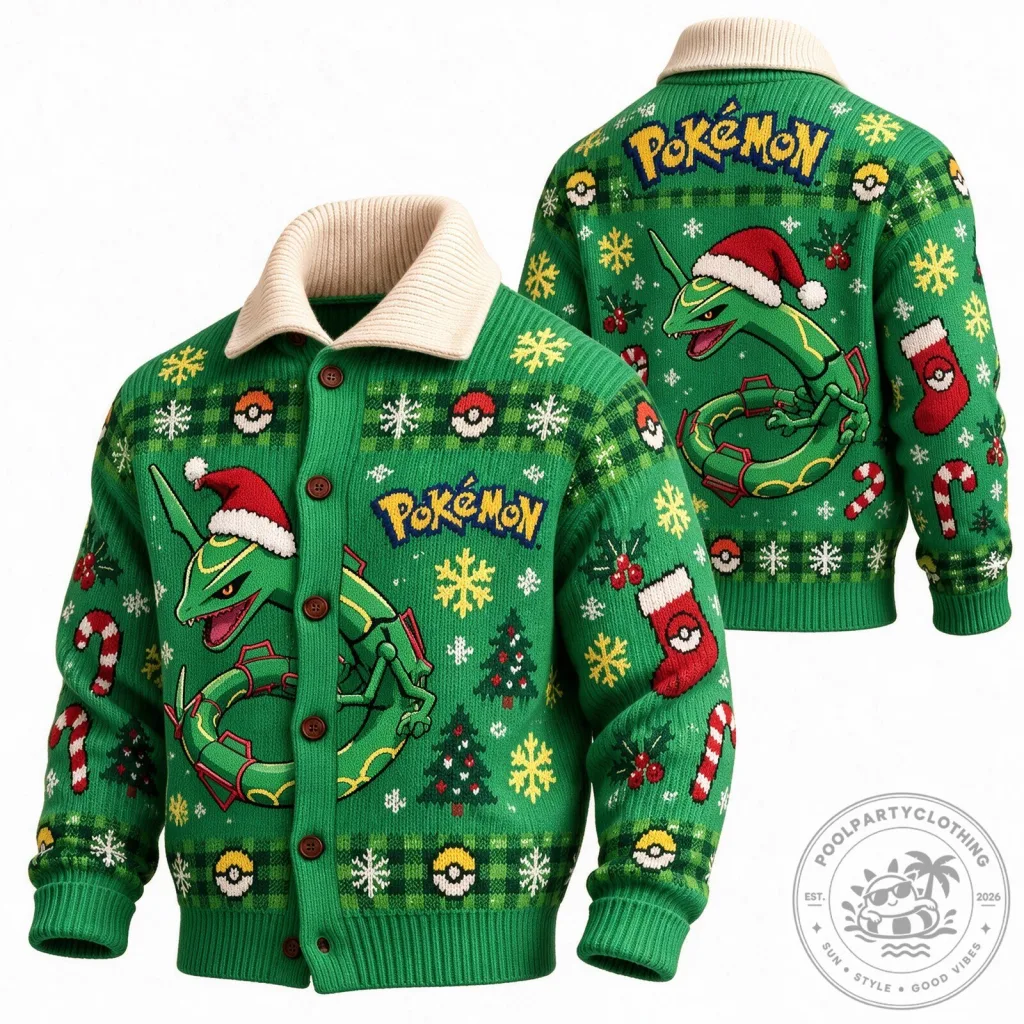 Pokemon Rayquaza Christmas Holiday Ugly Sweater Cardigan Pokemon Rayquaza Christmas Holiday Ugly Sweater Cardigan