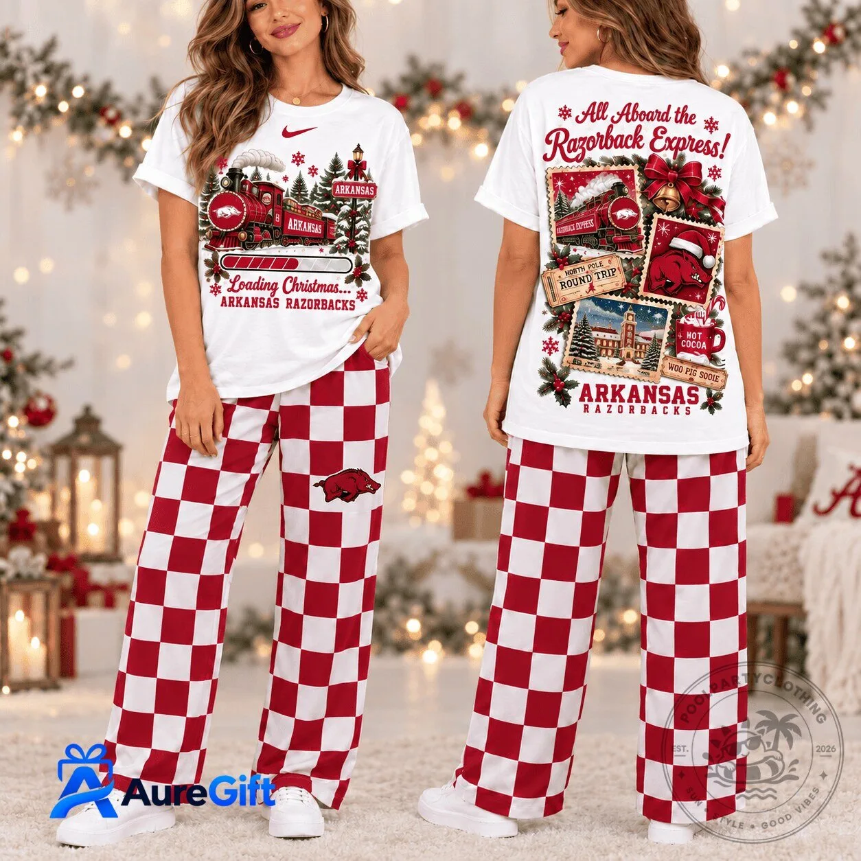 Arkansas Razorbacks Christmas Express Train Holiday Pajamas Set