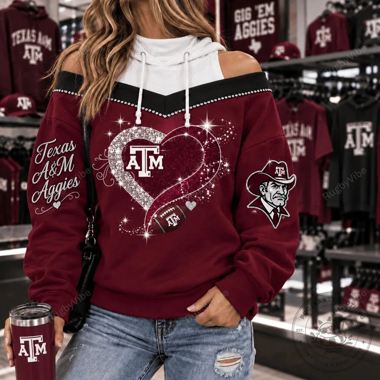 Texas A&M Aggies Football Glitter Heart Design Off-Shoulder Hoodie
