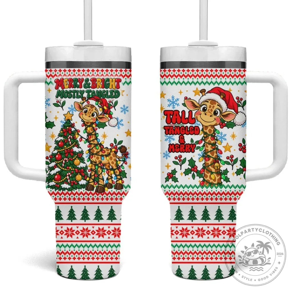 Christmas Giraffe Lights Tumbler With Handle Funny Tall Tangled Animal