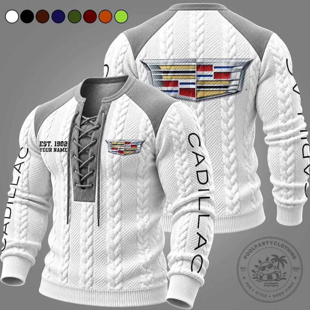 Cadillac Est 1902 Custom Name White Cable Knit Lace Up Pullover Sweatshirt
