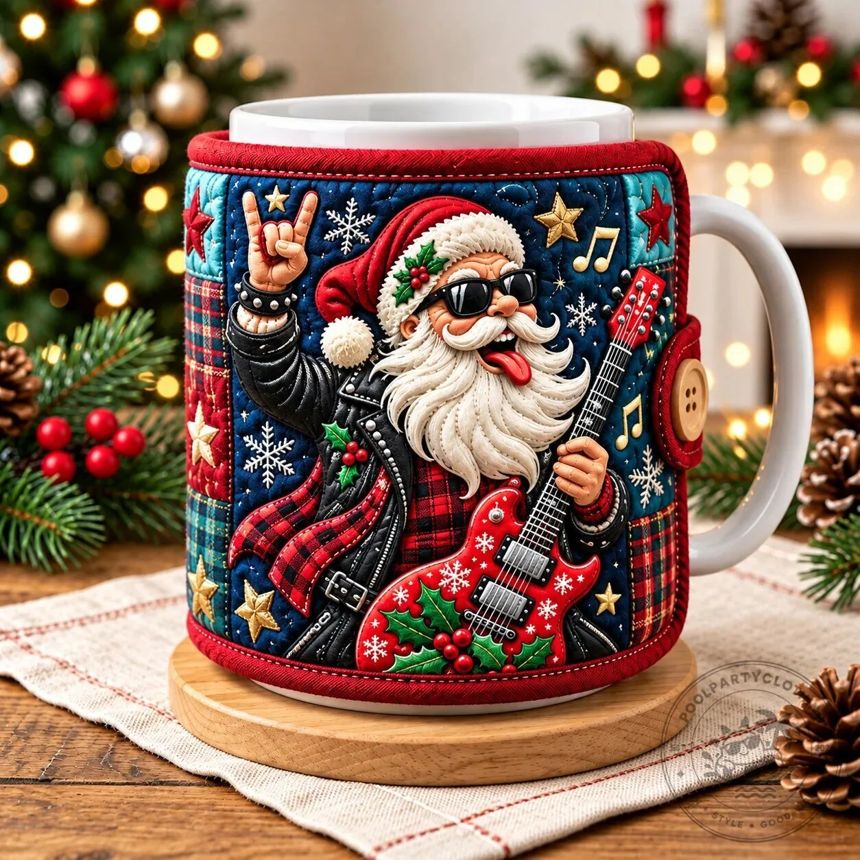 Rock and Roll Santa Christmas Quilted Mug Cozy Holiday Drinkware Accessory