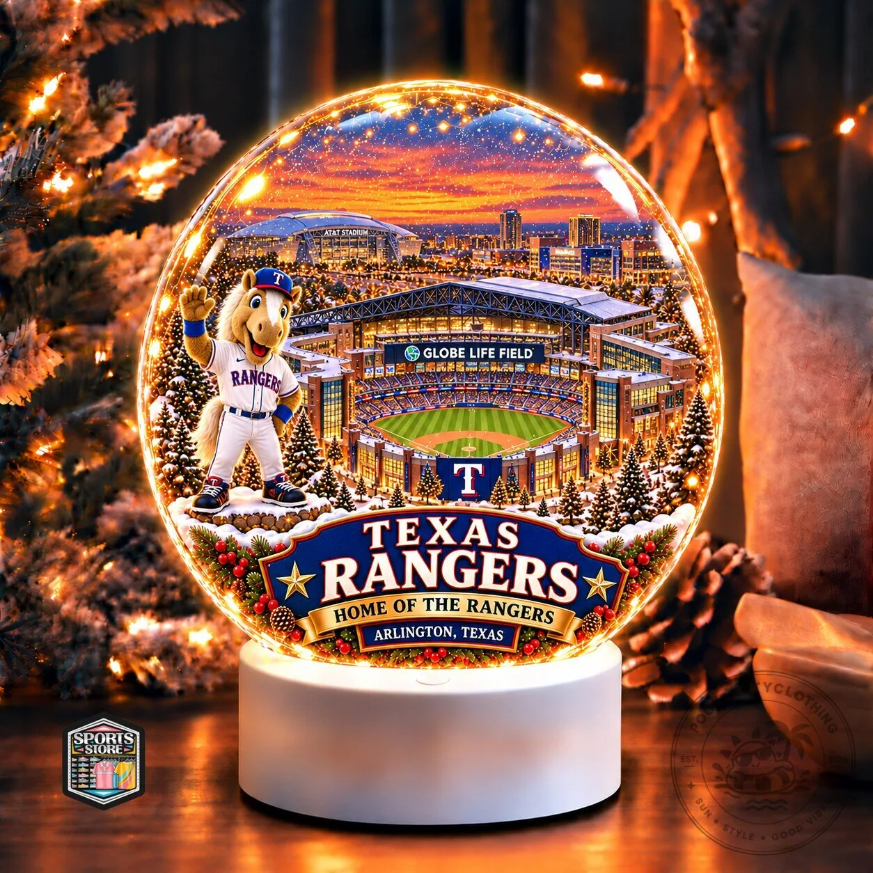 Texas Rangers Globe Life Field Stadium Baseball Team Light-Up Snow Globe Ornament
