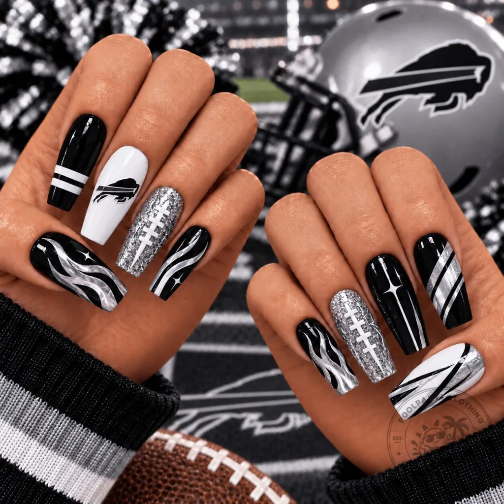 Buffalo Bills Football Team Black Silver Chrome Game Day Press-On Nails Set Buffalo Bills Football Team Black Silver Chrome Game Day Press-On Nails Set