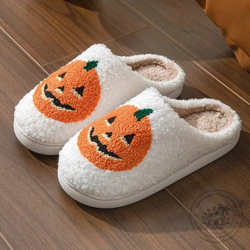 Cute Halloween Pumpkin Face Sherpa Slippers for Women