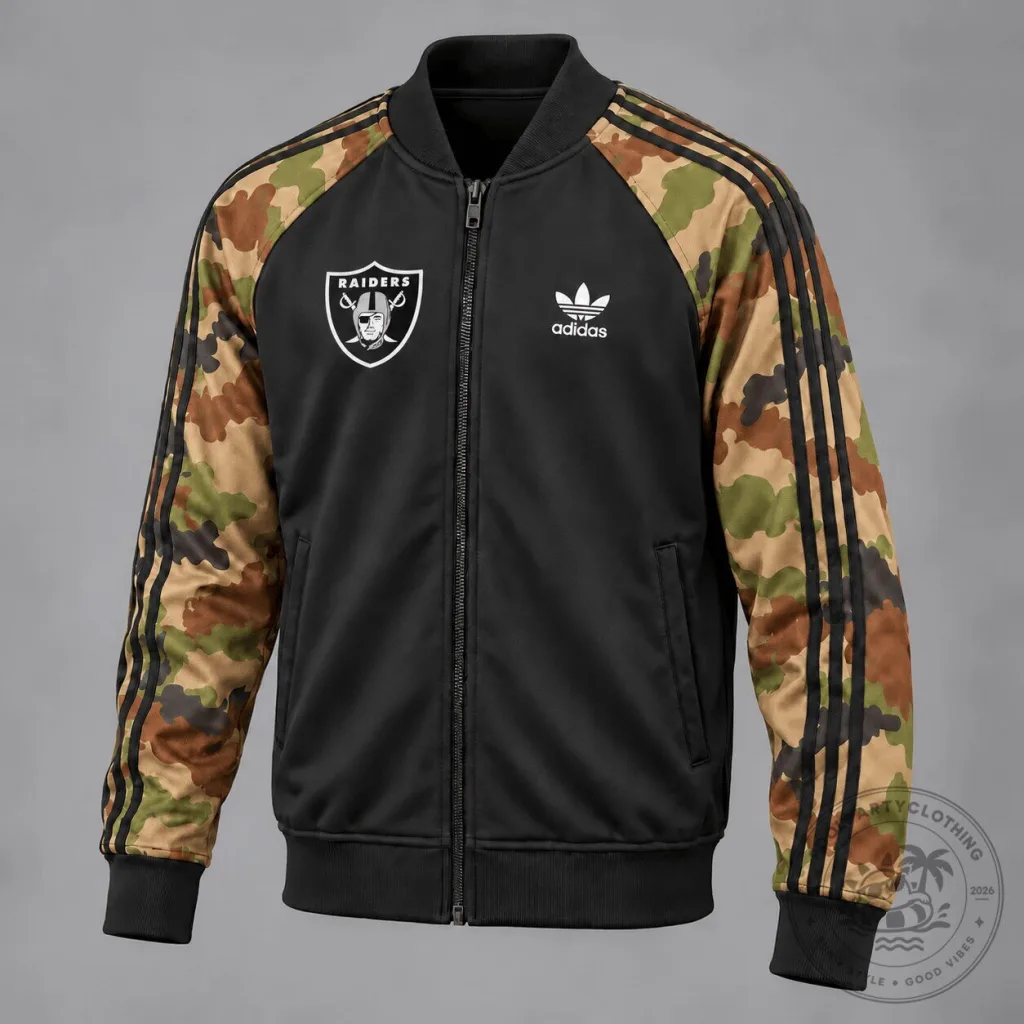 Las Vegas Raiders NFL Camouflage Pattern Adidas Bomber Jacket Las Vegas Raiders NFL Camouflage Pattern Adidas Bomber Jacket