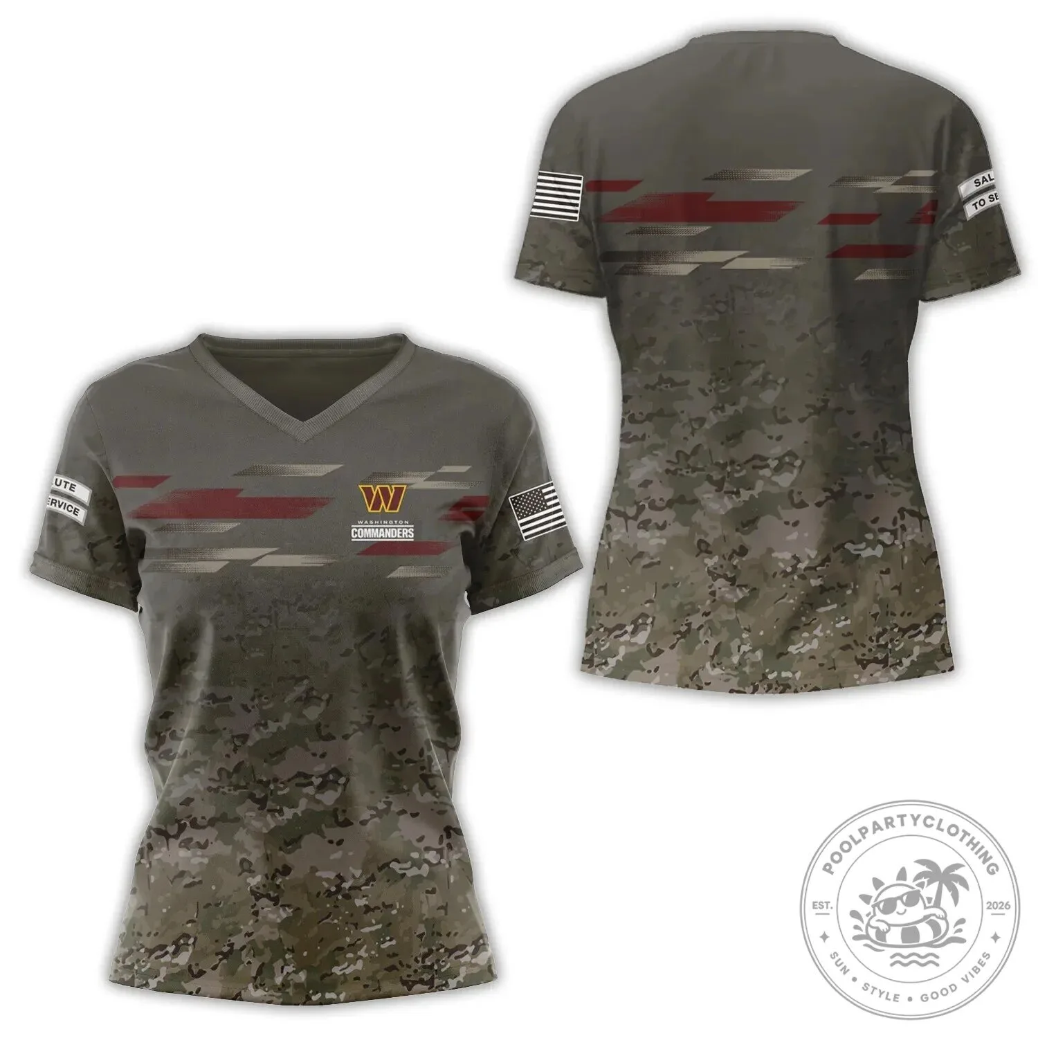 Washington Commanders Salute To Service Camouflage Pattern V-Neck T-Shirt