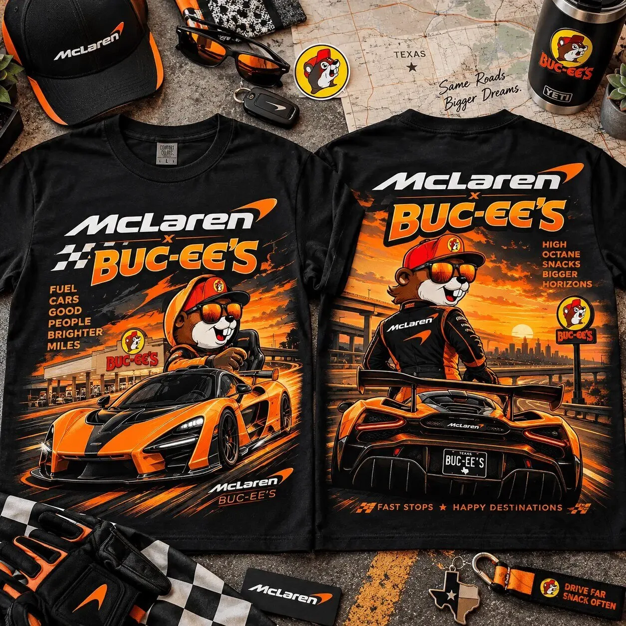 McLaren Buc-ee's Orange Supercar Road Trip T-Shirt for Racing Fans