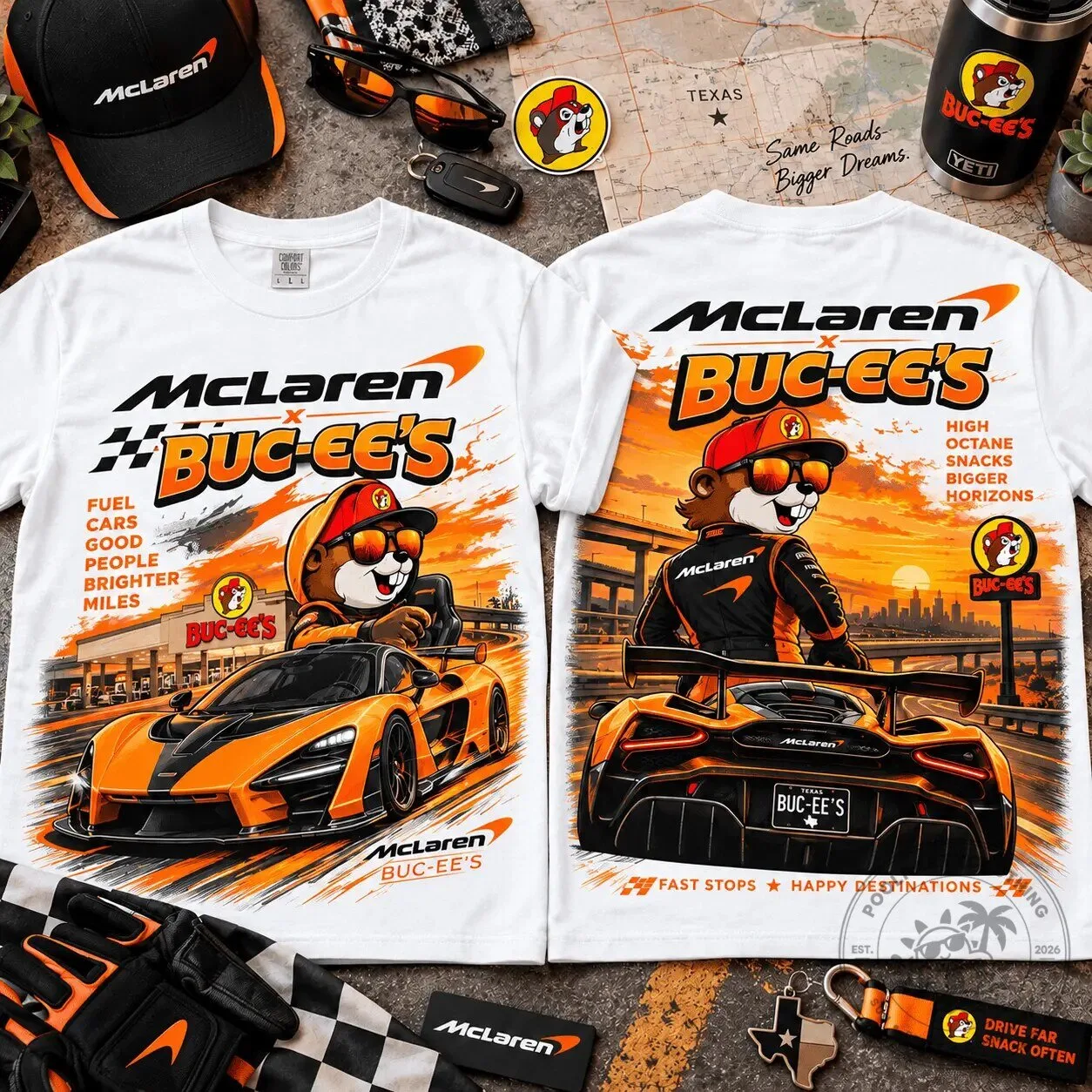 McLaren Buc-ee's Orange Supercar Road Trip T-Shirt for Racing Fans 7 McLaren Buc-ee