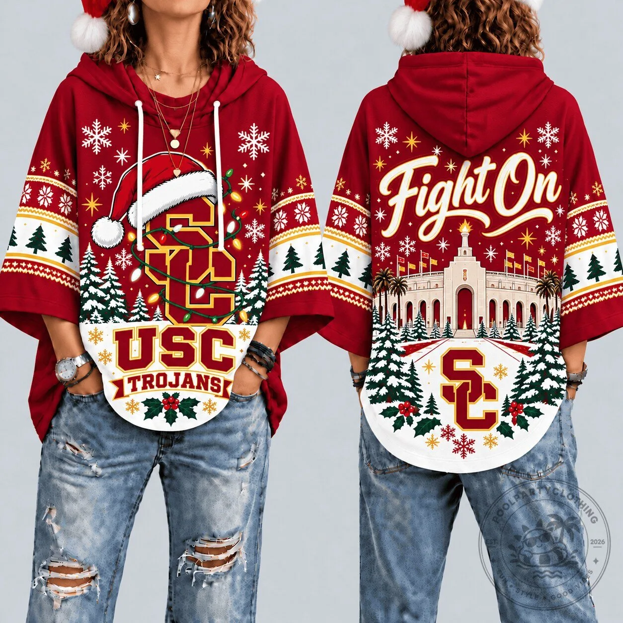 USC Trojans Christmas Ugly Sweater Style Hooded Poncho