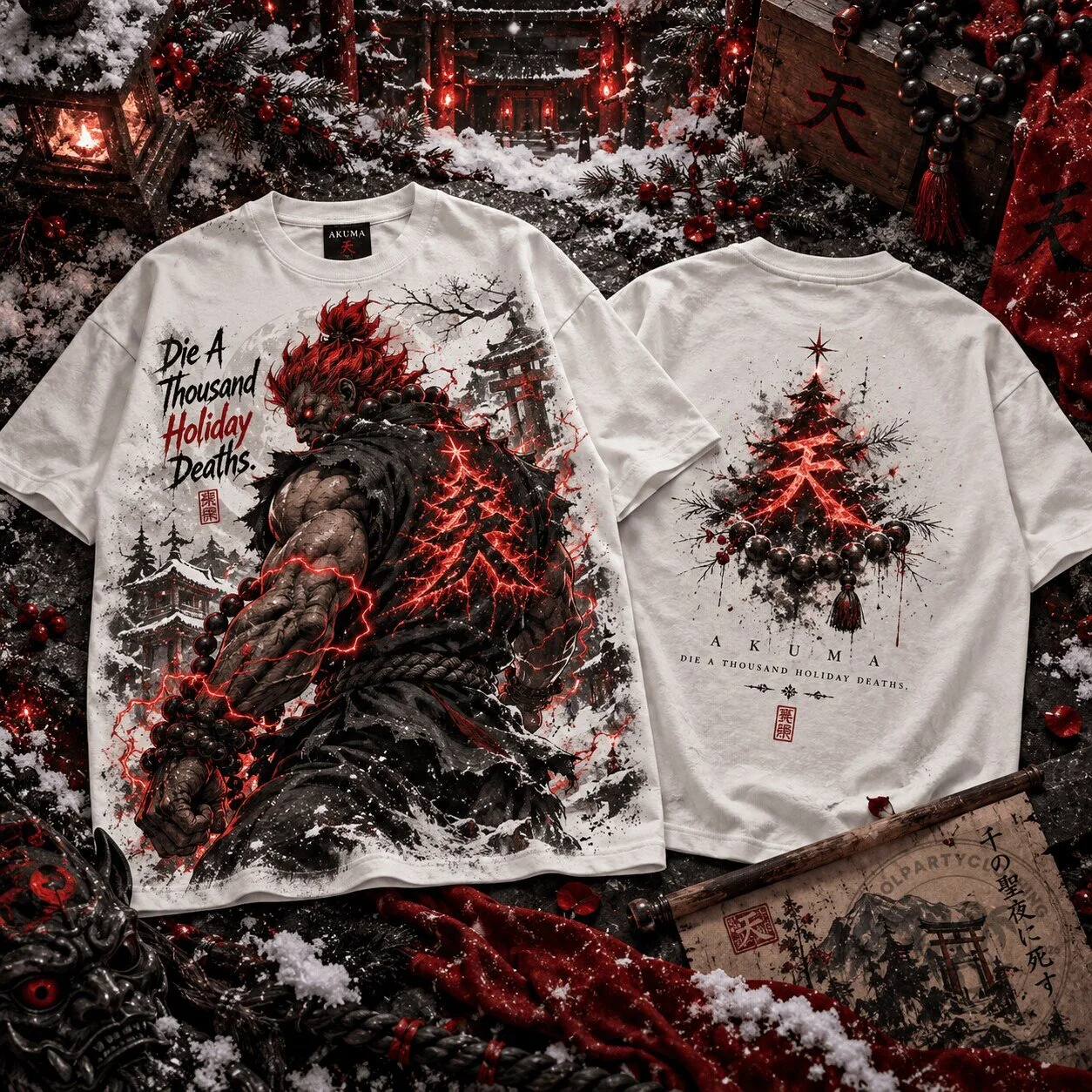 Christmas T-Shirt featuring Akuma from Street Fighter: Thousand Holiday Deaths Design