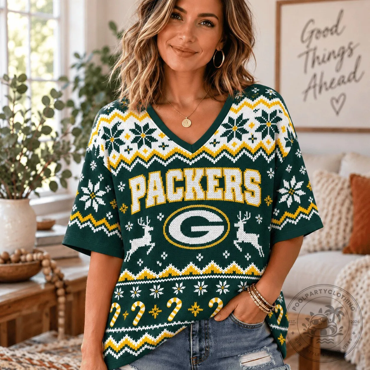 Green Bay Packers NFL Christmas Ugly Sweater V-Neck T-Shirt for Women