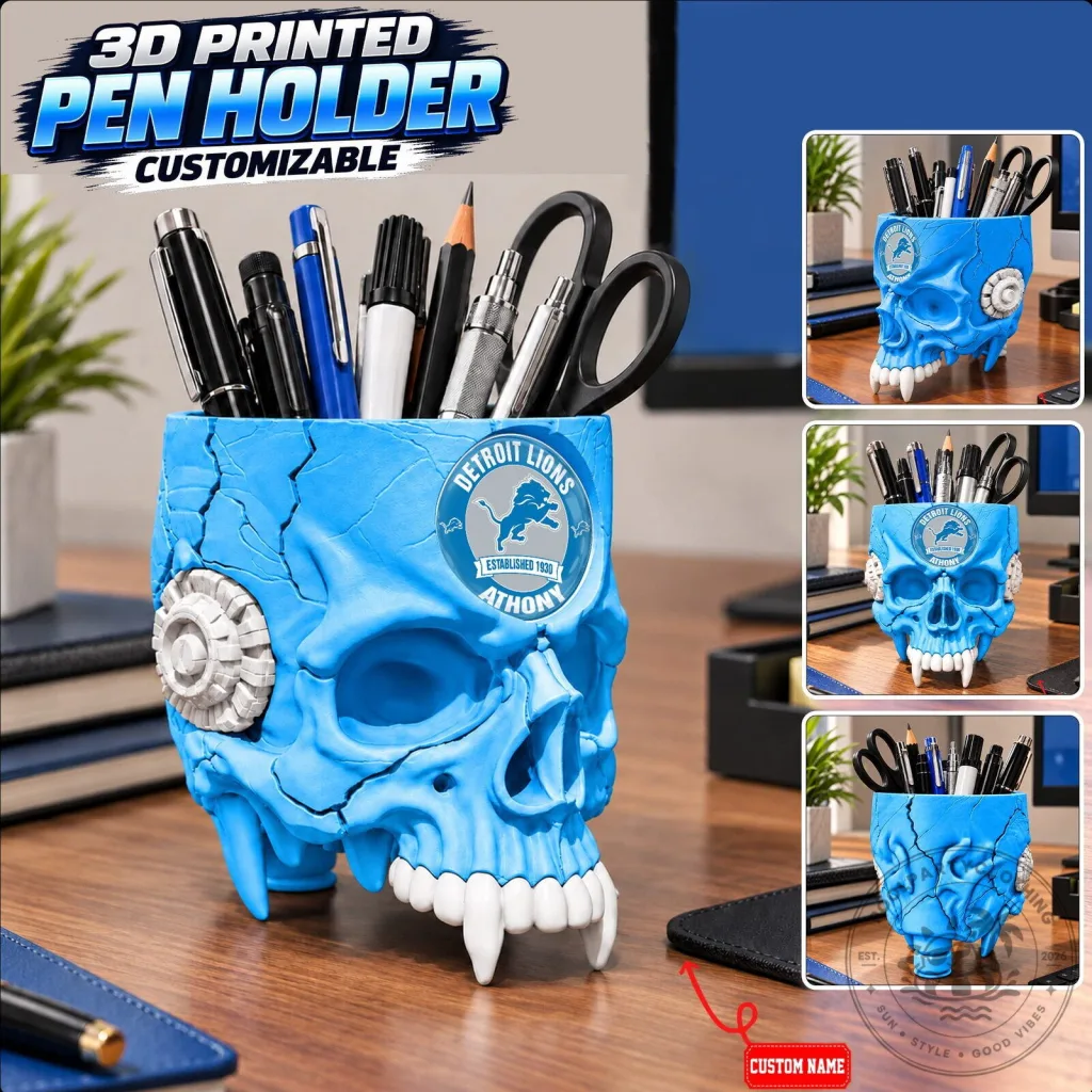 Detroit Lions NFL Football Team Skull Pen Holder Desk Organizer Detroit Lions NFL Football Team Skull Pen Holder Desk Organizer