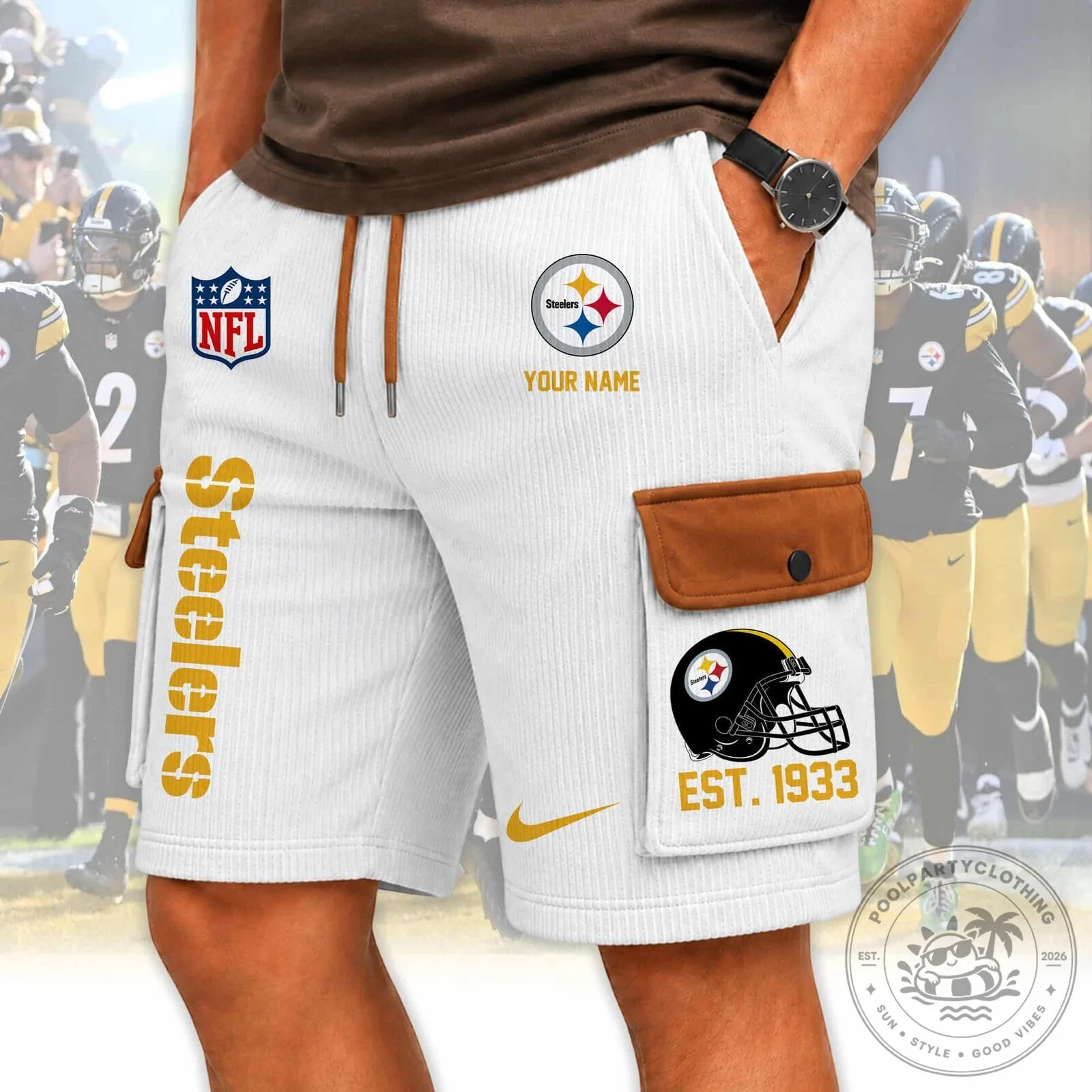 Pittsburgh Steelers NFL Football Team White Cargo Shorts 1 Pittsburgh Steelers NFL Football Team White Cargo Shorts