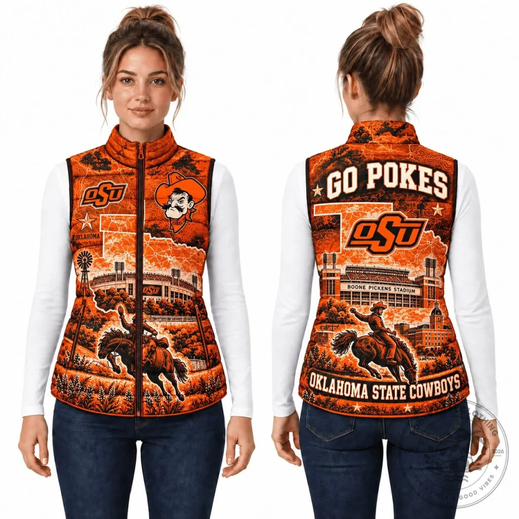 Oklahoma State Cowboys Go Pokes Boone Pickens Stadium Puffer Vest Oklahoma State Cowboys Go Pokes Boone Pickens Stadium Puffer Vest