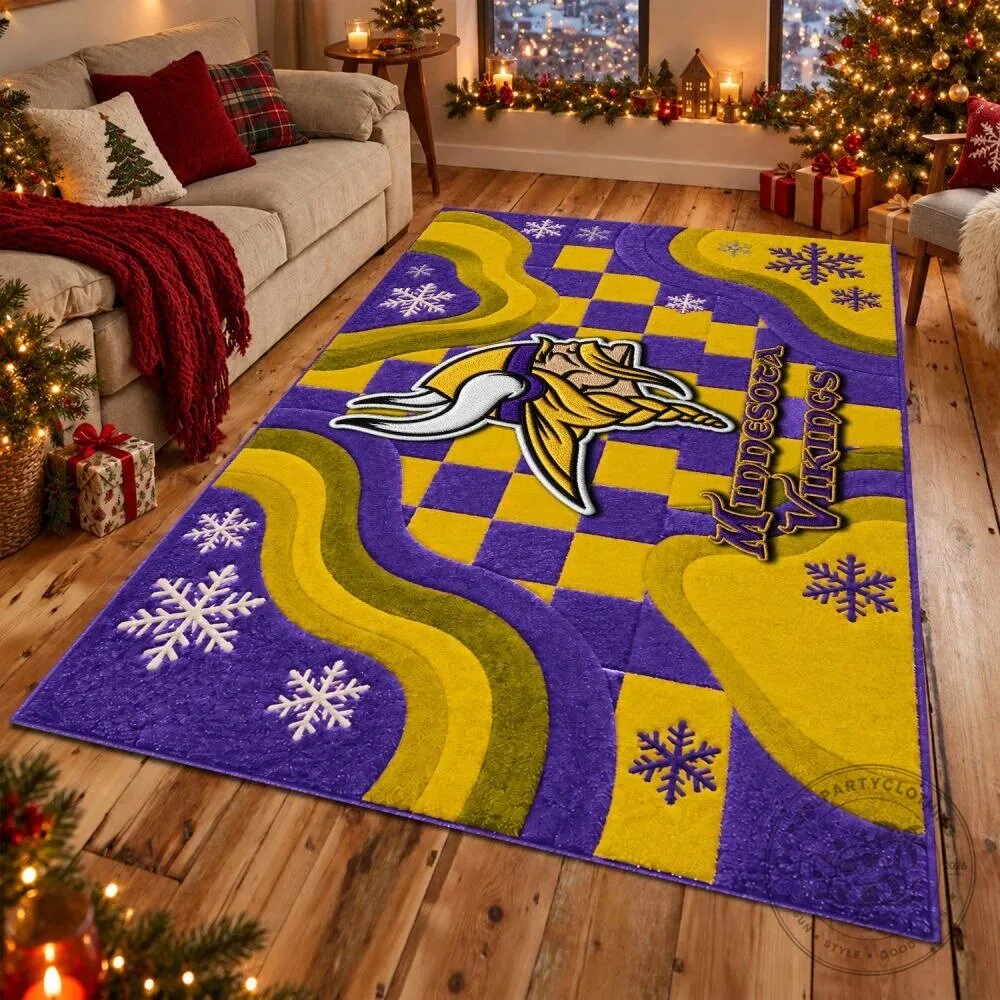 Minnesota Vikings Football Team Logo Purple Yellow Checkered Area Rug