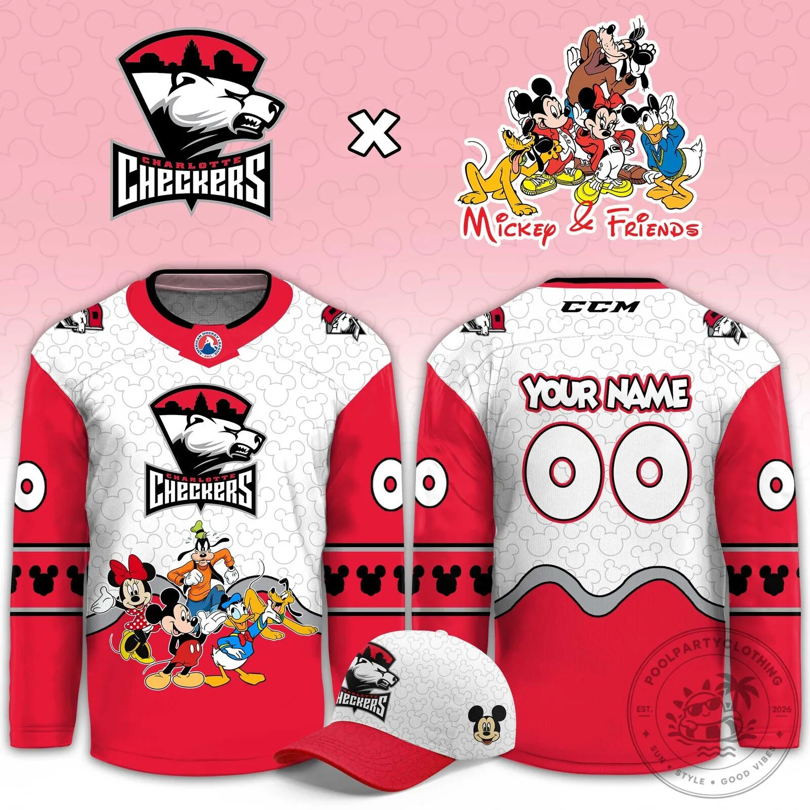 Charlotte Checkers Mickey and Friends Disney Ice Hockey Jersey