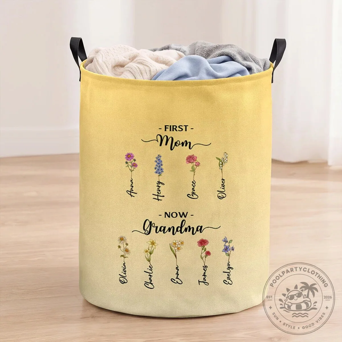 Personalized First Mom Now Grandma Birth Month Flower Storage Basket
