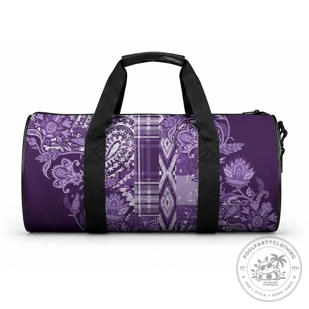 Purple Paisley Floral Patchwork Pattern Duffle Bag with Black Straps