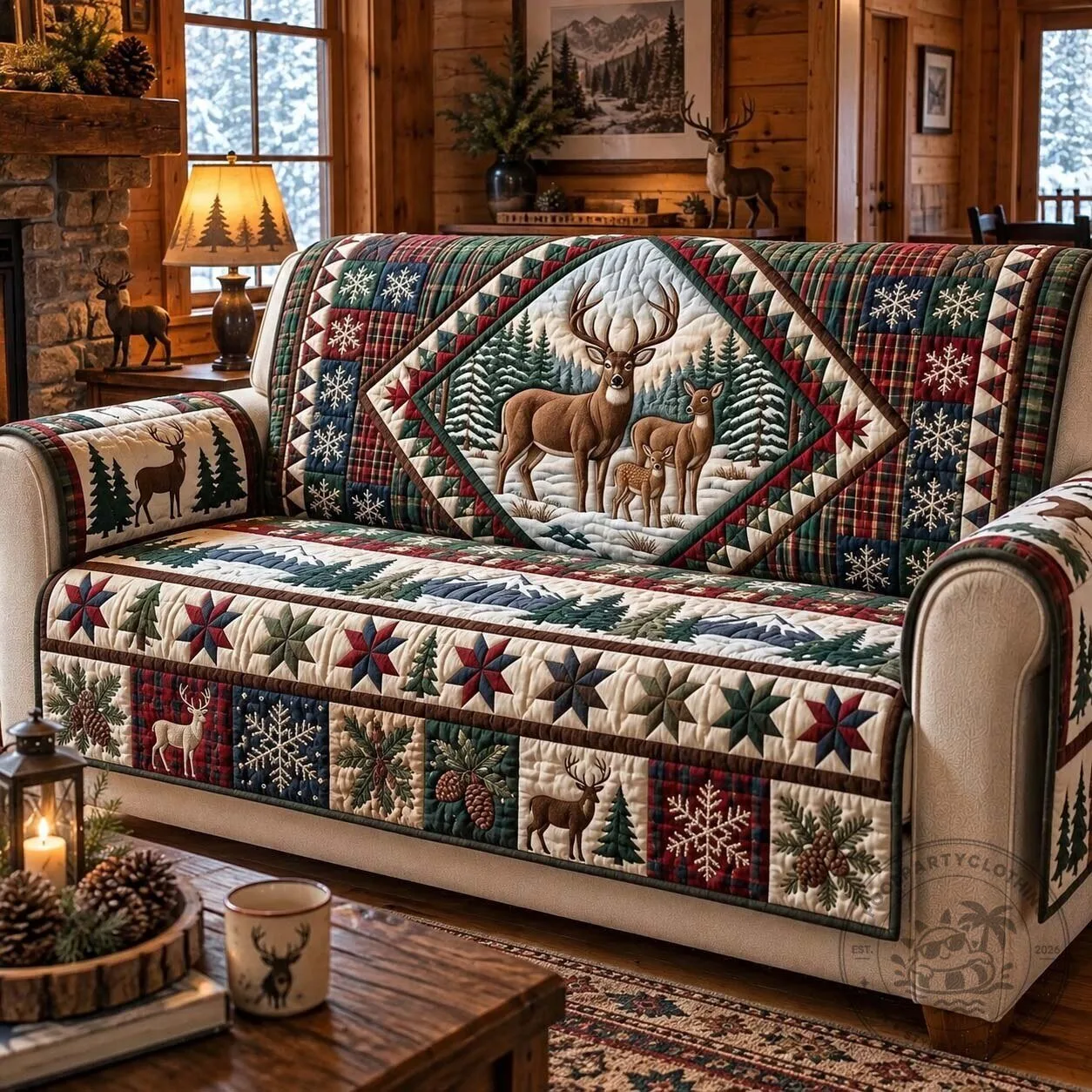 Christmas Deer Family Quilted Sofa Cover, Winter Holiday Couch Protector