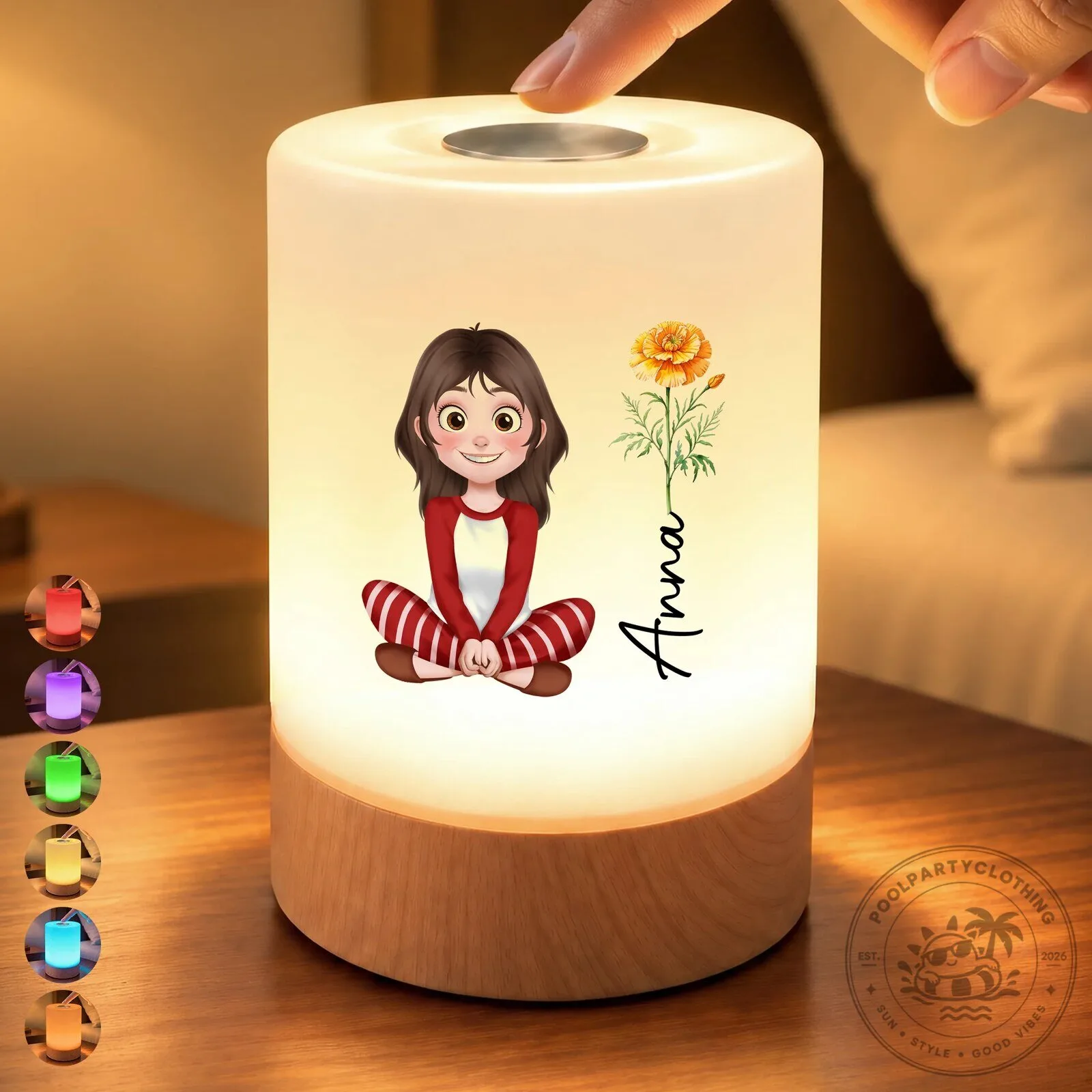 Personalized Birth Flower Girl LED Touch Control Rechargeable Night Light Lamp