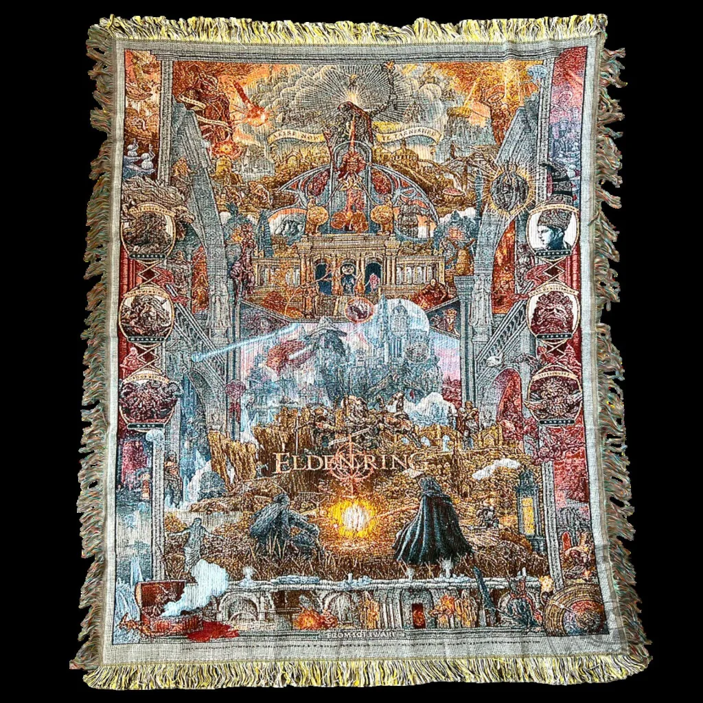 Elden Ring Video Game Fantasy Art Vintage Woven Throw Blanket with Fringes Elden Ring Video Game Fantasy Art Vintage Woven Throw Blanket with Fringes