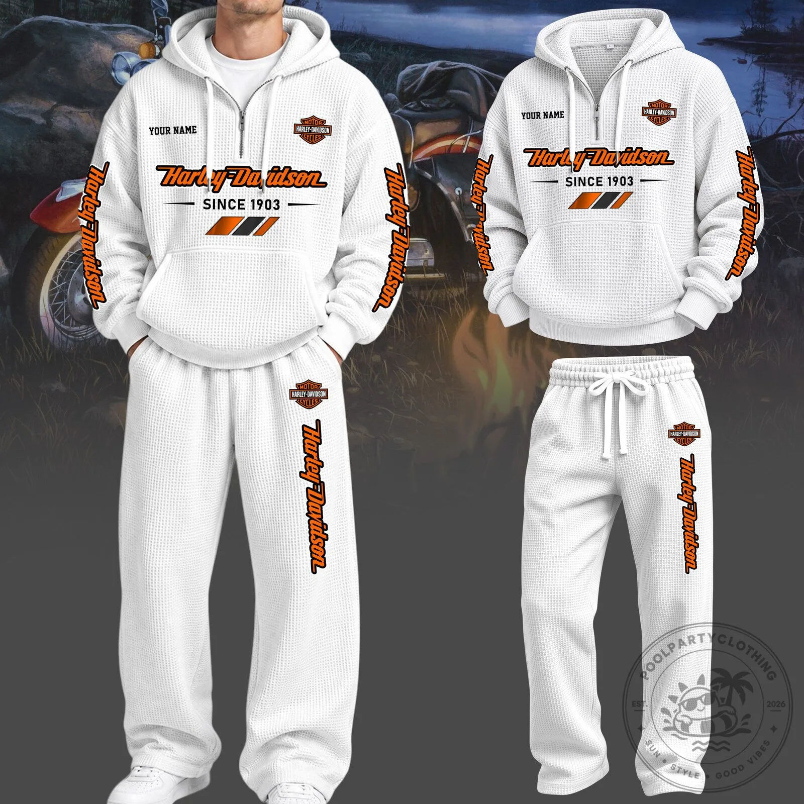Harley Davidson Motorcycle Since 1903 Custom Name White Hoodie and Pants Set 5 Harley Davidson Motorcycle Since 1903 Custom Name White Hoodie and Pants Set