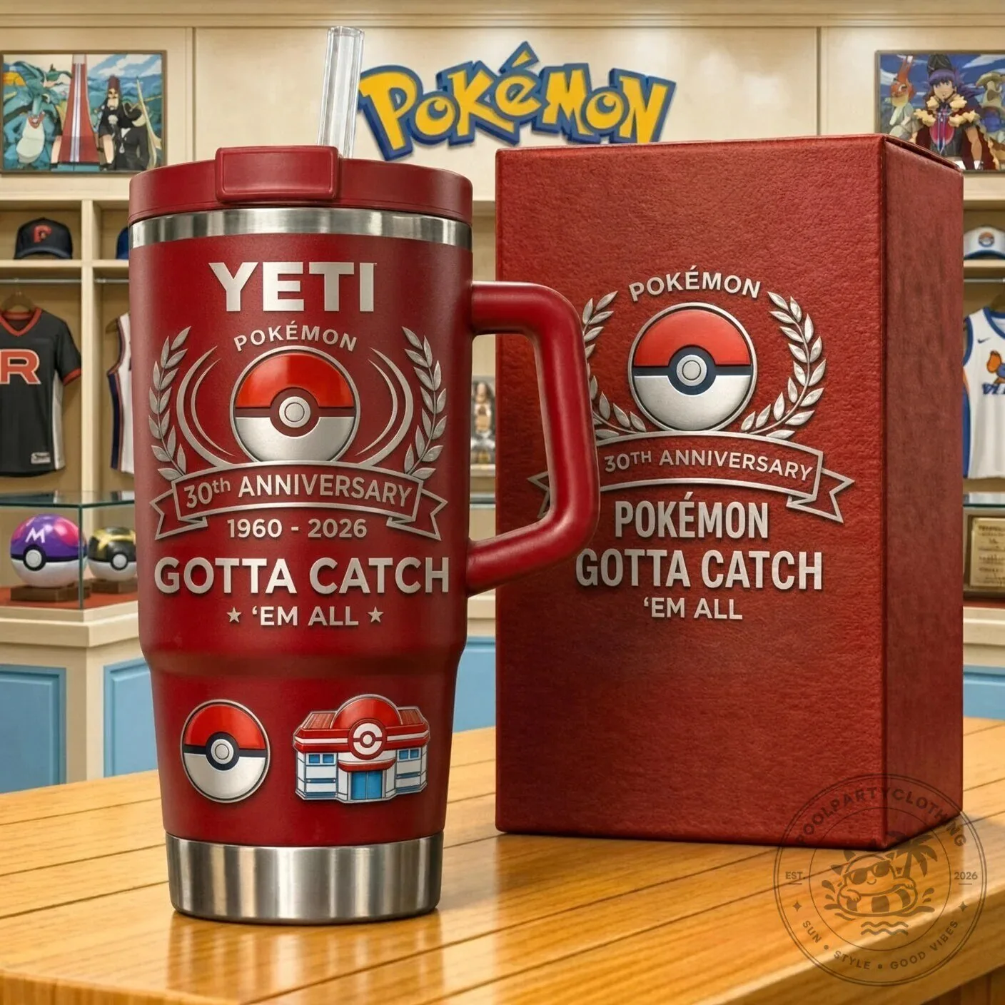 Stainless Steel Tumbler with Handle for Pokemon 30th Anniversary - Gotta Catch 'Em All