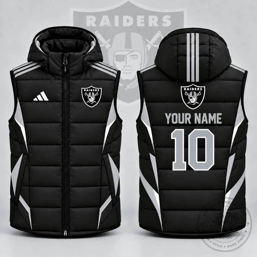 Las Vegas Raiders Custom Name and Number Athletic Stripe Puffer Vest Las Vegas Raiders Custom Name and Number Athletic Stripe Puffer Vest