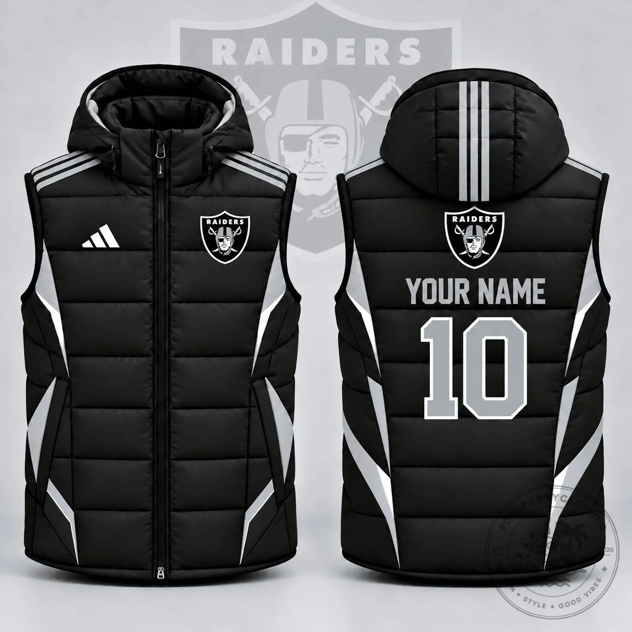 Las Vegas Raiders Custom Name and Number Athletic Stripe Puffer Vest 1 Las Vegas Raiders Custom Name and Number Athletic Stripe Puffer Vest