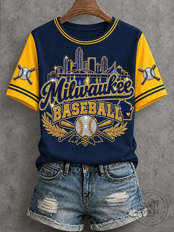 Milwaukee Baseball City Skyline Rhinestone Design Women's T-Shirt