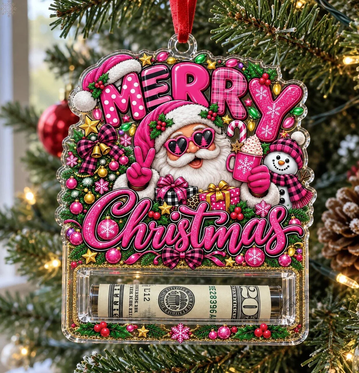 Merry Christmas Pink Santa Money Holder Ornament