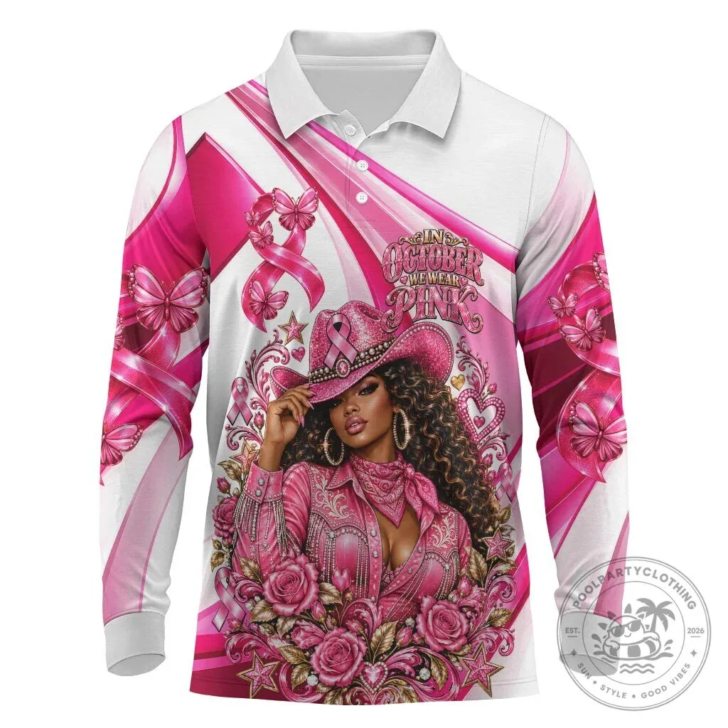 Western Wear Breast Cancer Awareness Pink Cowgirl Long Sleeve Polo Shirt